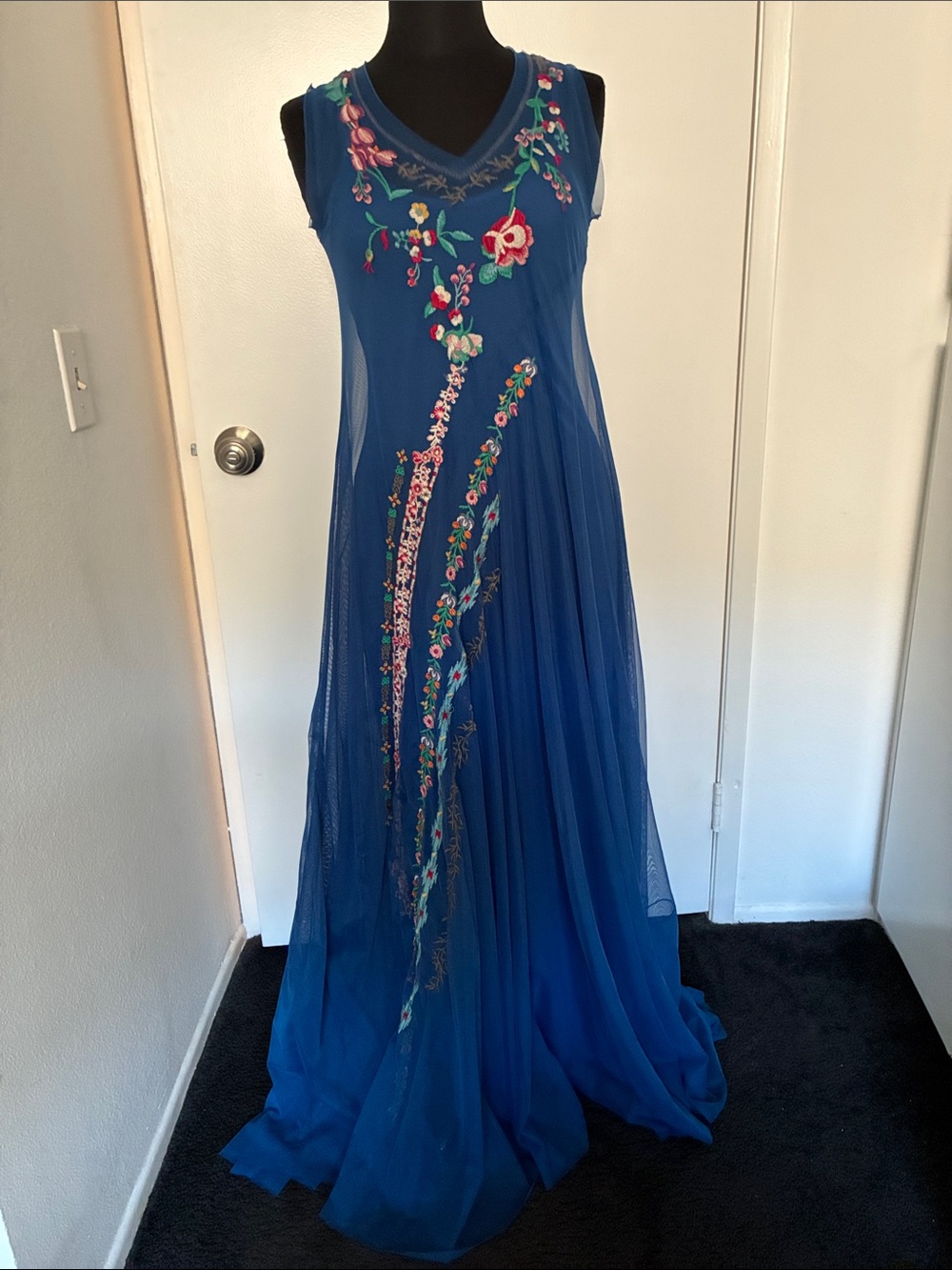 Johnny Was  NWT Royal Sleeveless Sheer Mazzy Bias Slip Dress w/Floral Accents XS